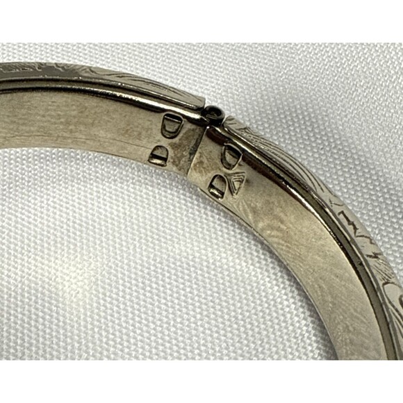 Vtg Victorian Revival Flower Silver Tone Safety Chain Hinged Bracelet Size 6 - Picture 5 of 8